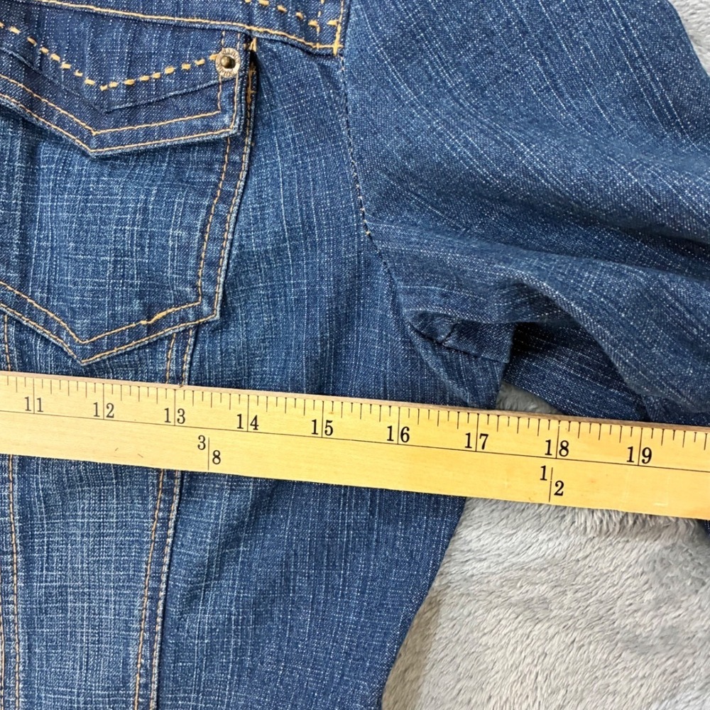 Nancy Bolen Denim Jacket Amber Bling Buttons Stretchy Cotton Blue Boho Western S - Picture 11 of 13